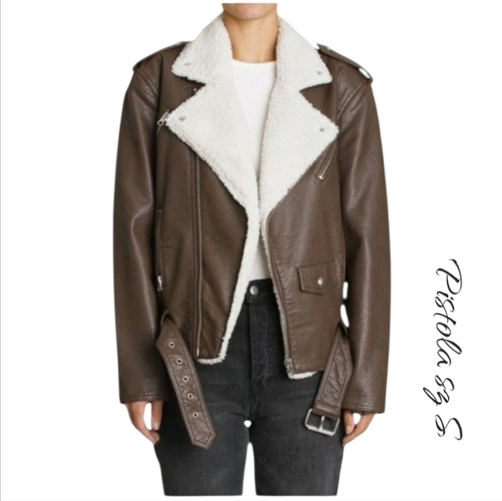 Pistola Brown Faux Leather Blaine Moto Jacket with Sherpa Lining Size Small